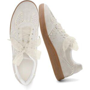 Women's Casual Crochet Lace Ribbon Ballet Trendy Cute Spring Tan Sneakers Shoes